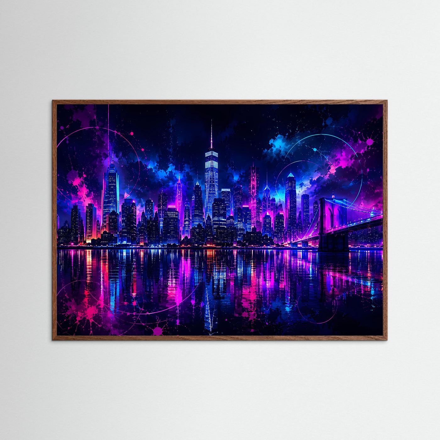 Neon New York Skyline Poster | Futuristische Cyberpunk Stadt bei Nacht | Moderne Wandkunst in Pink & Blau