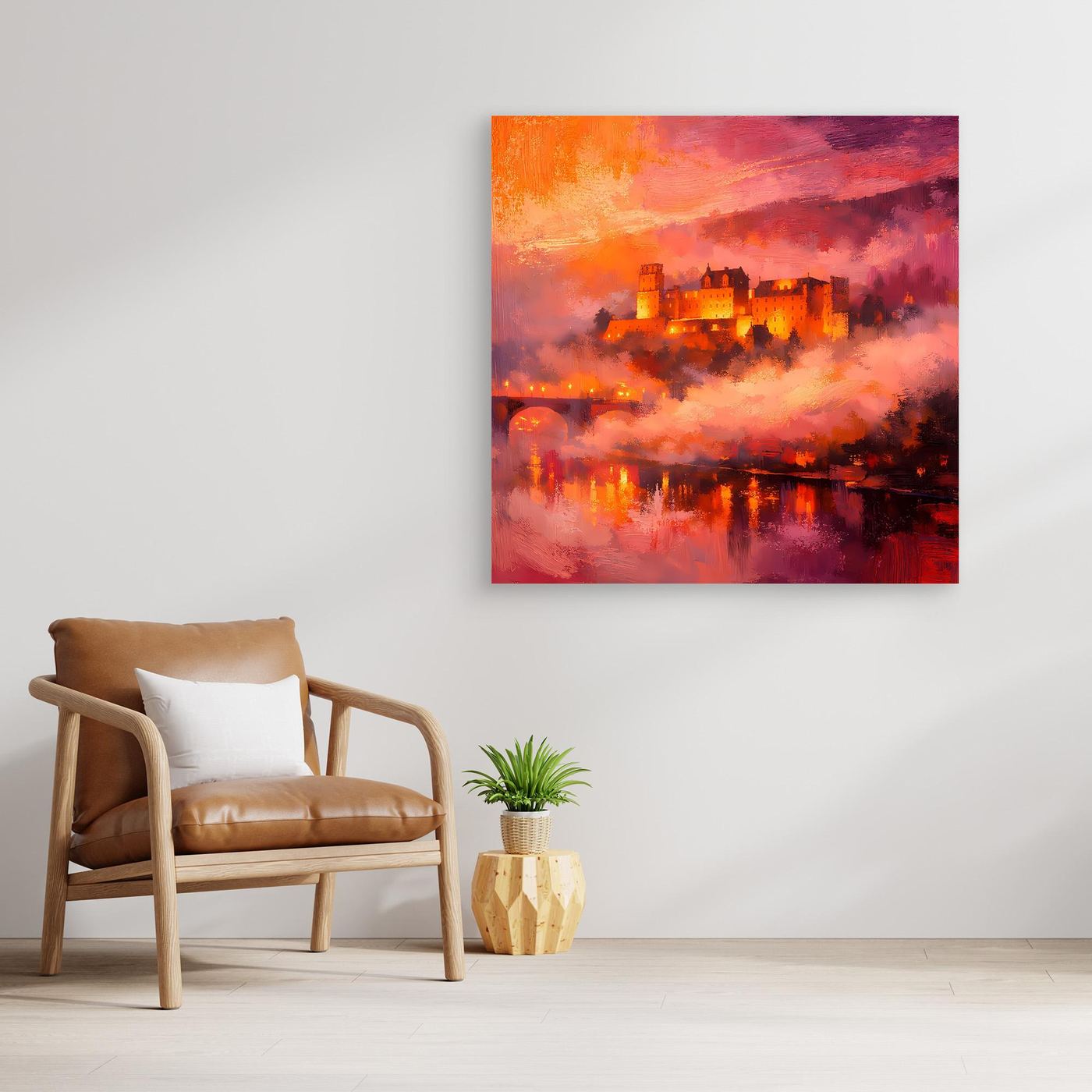 Premium Leinwand Imposantes Schloss im Abendrot | Abstraktes Castle Wandbild in feurigen Farben