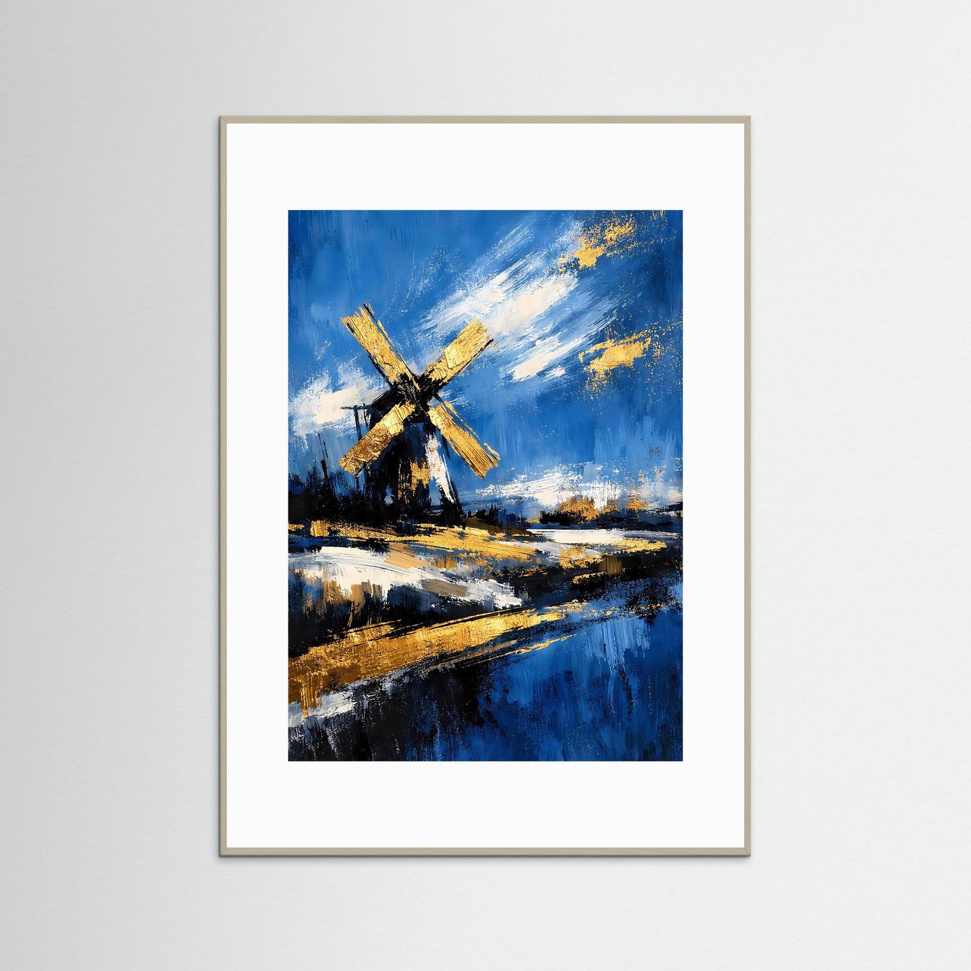 Kunstposter im grauen Rahmen mit abstrakter Windmühle, blau-goldene Farbflächen