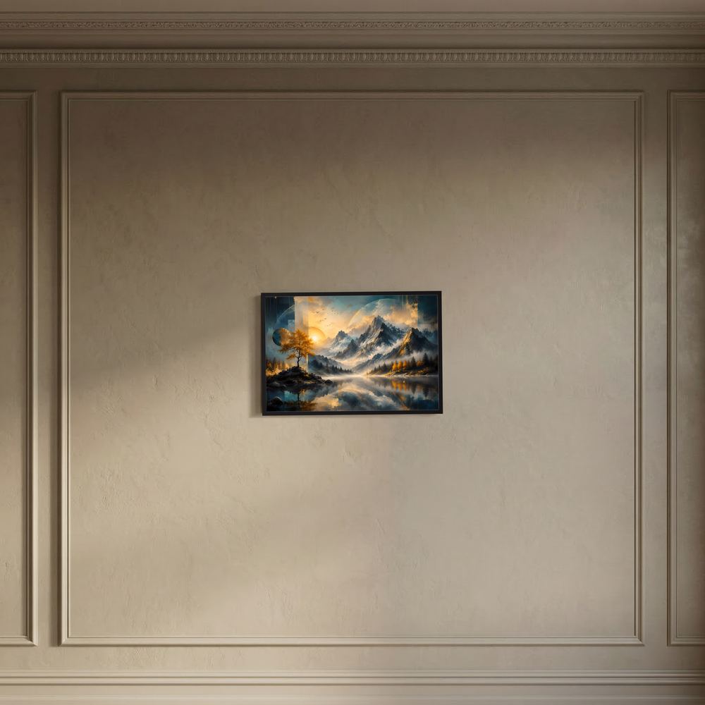 Wandposter Querformat mit Bergsee, Herbstbaum und Sonnenaufgang, schwarzer Bilderrahmen