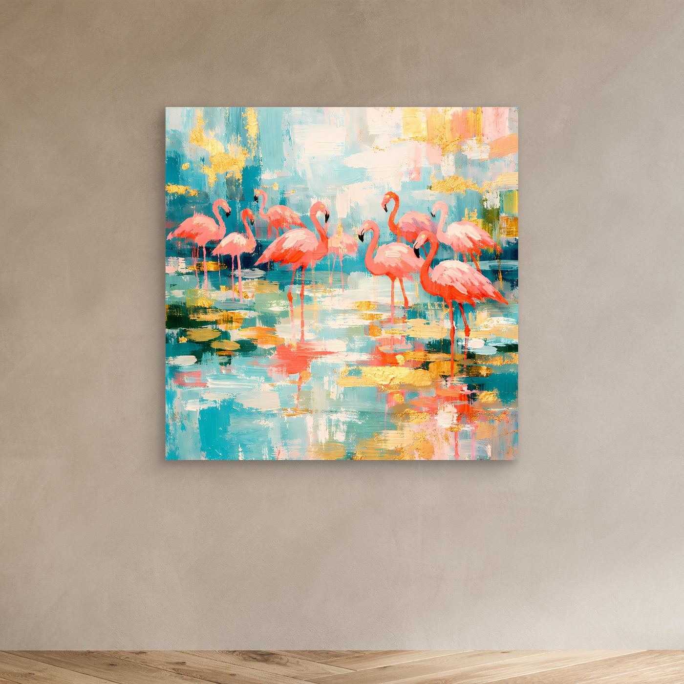 Leinwandbild mit Flamingos auf abstraktem Farbmix, ohne Rahmen
