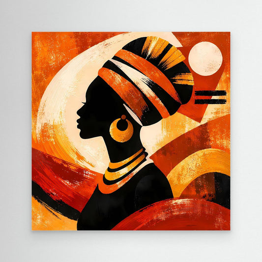 Leinwandbild mit abstrakter Frauensilhouette, Orange-Gold und goldenen Akzenten