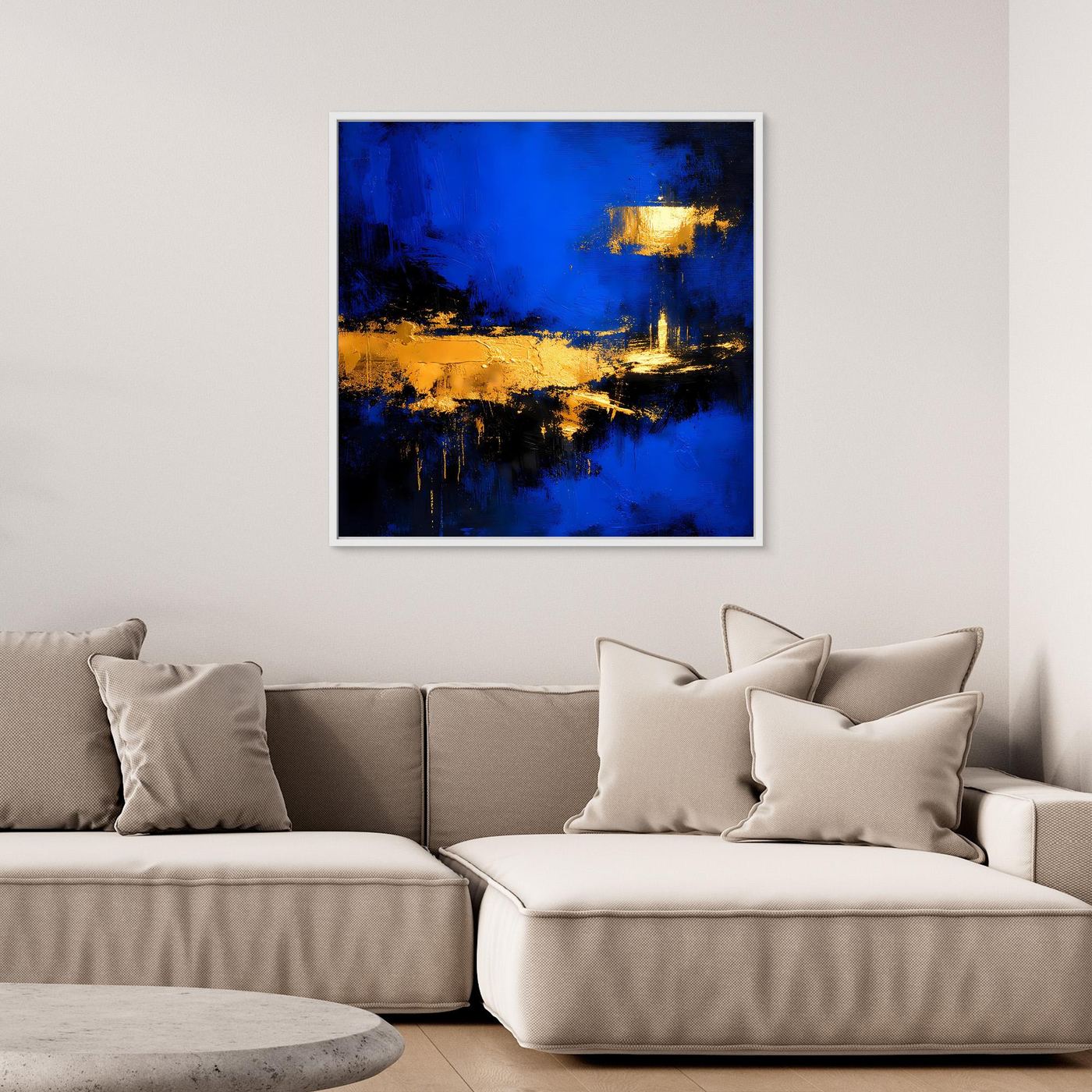 Leinwand Abstrakte Meereslandschaft bei Nacht | Modernes Küsten Wandbild in Blau und Gold