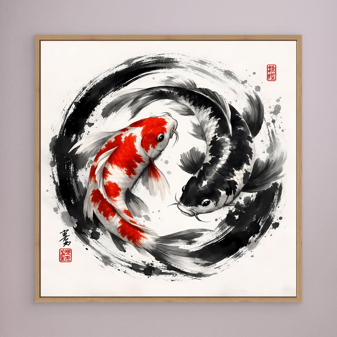 Leinwandbild mit Koi-Fischen im Yin-Yang-Motiv, schwarz-weiß mit rotem Fisch, braun gerahmt