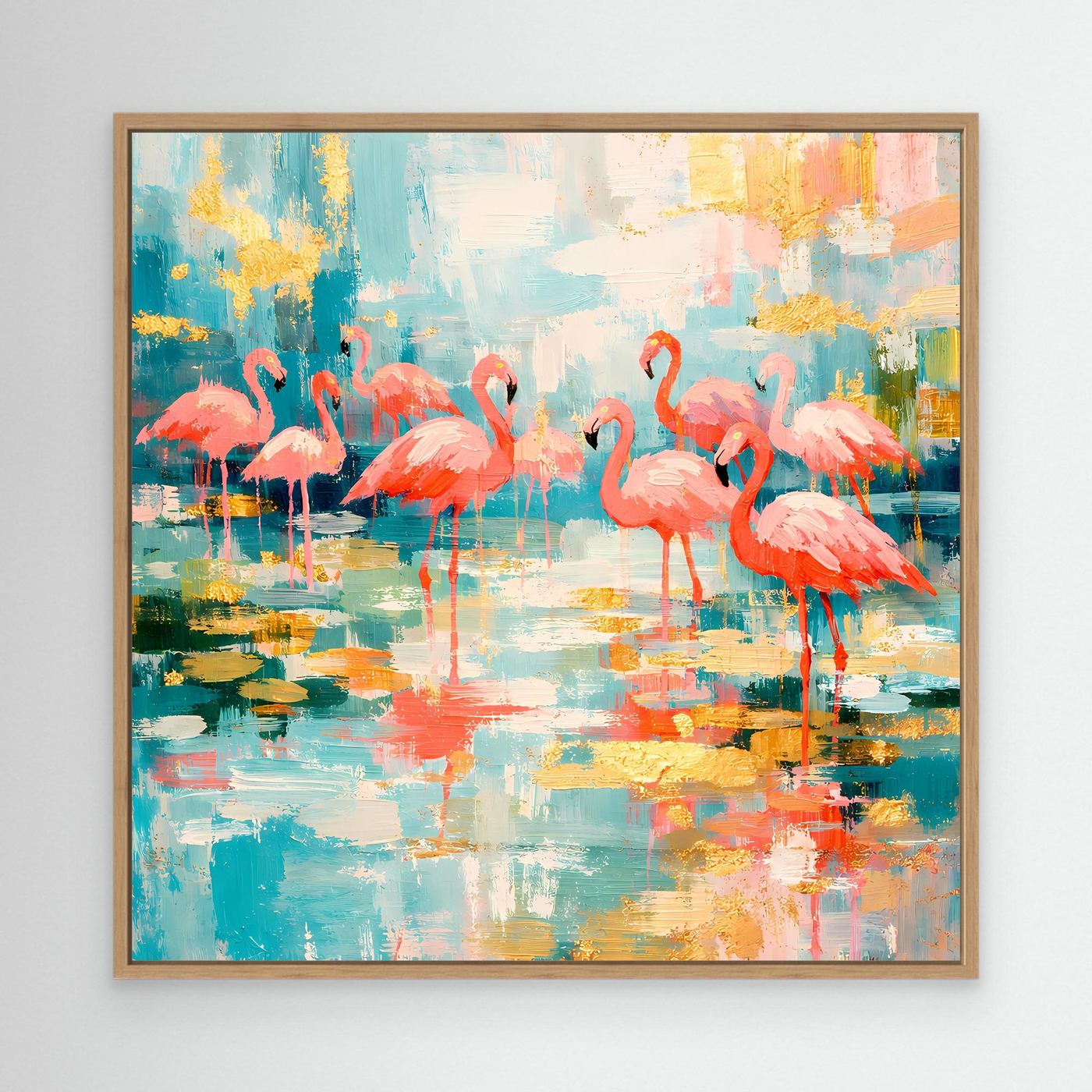 Leinwandbild mit bunten Flamingos auf abstraktem See im Eichenrahmen