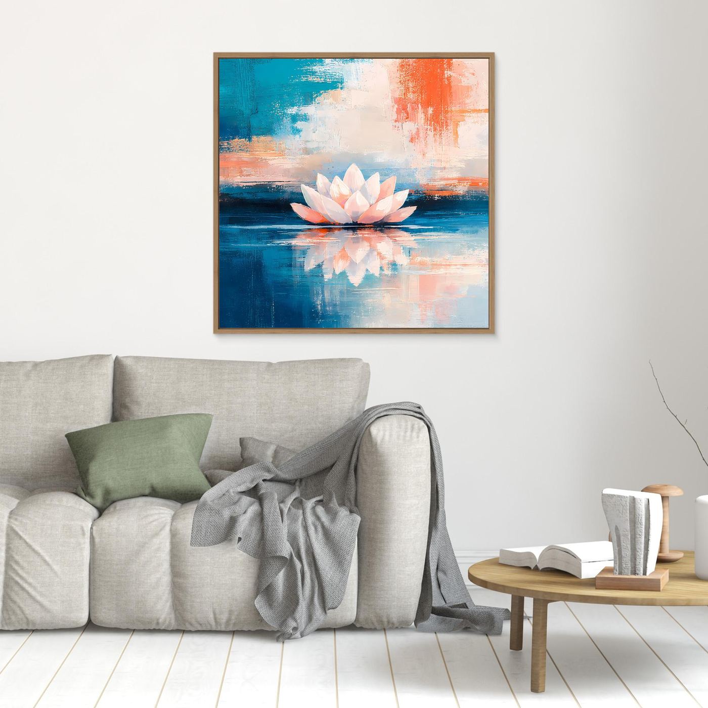Leinwand Abstrakte Lotusblüte auf dem Wasser | Modernes Seerosen Wandbild Blau Orange