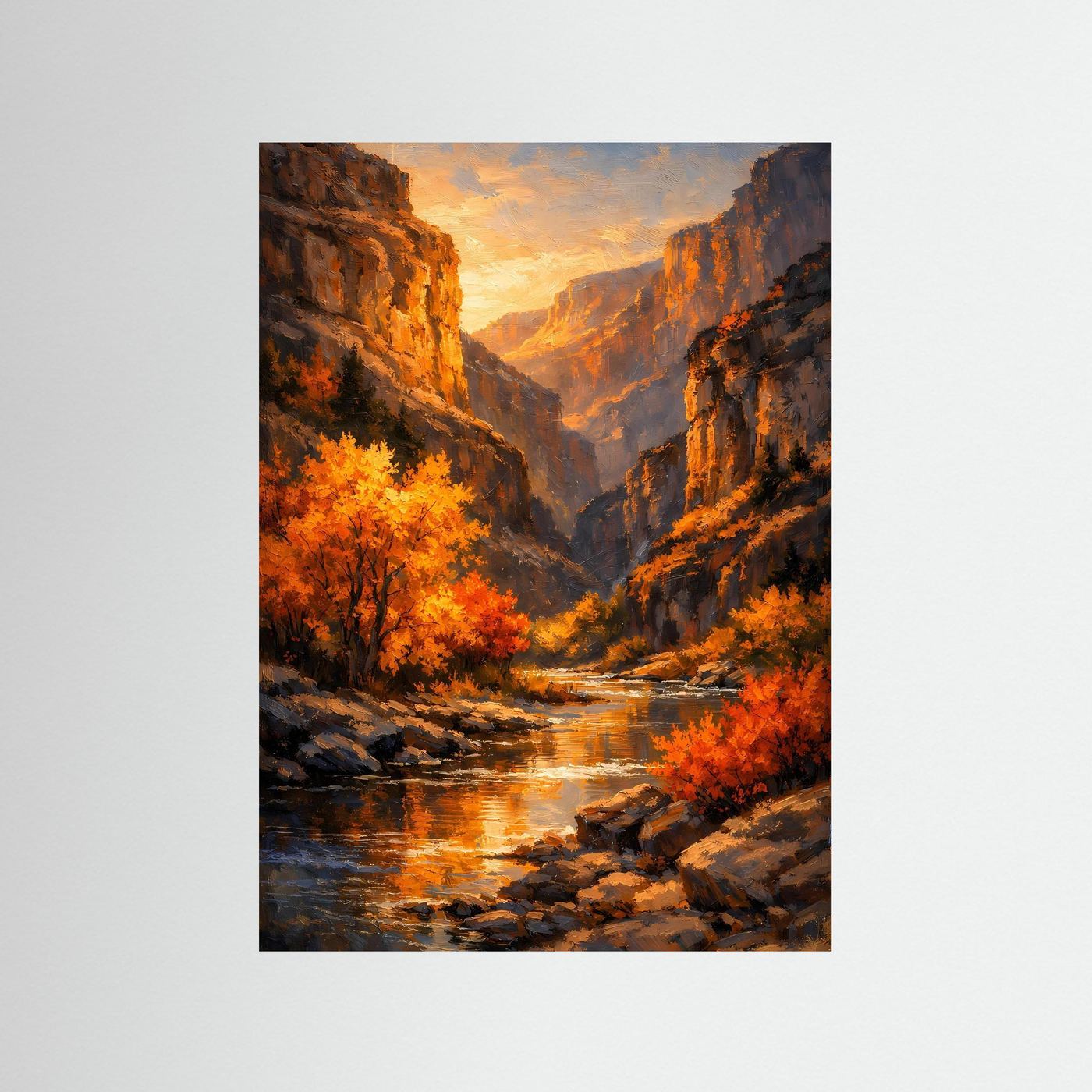 Wandposter: goldener Canyon mit Herbstbäumen und Sonnenuntergang