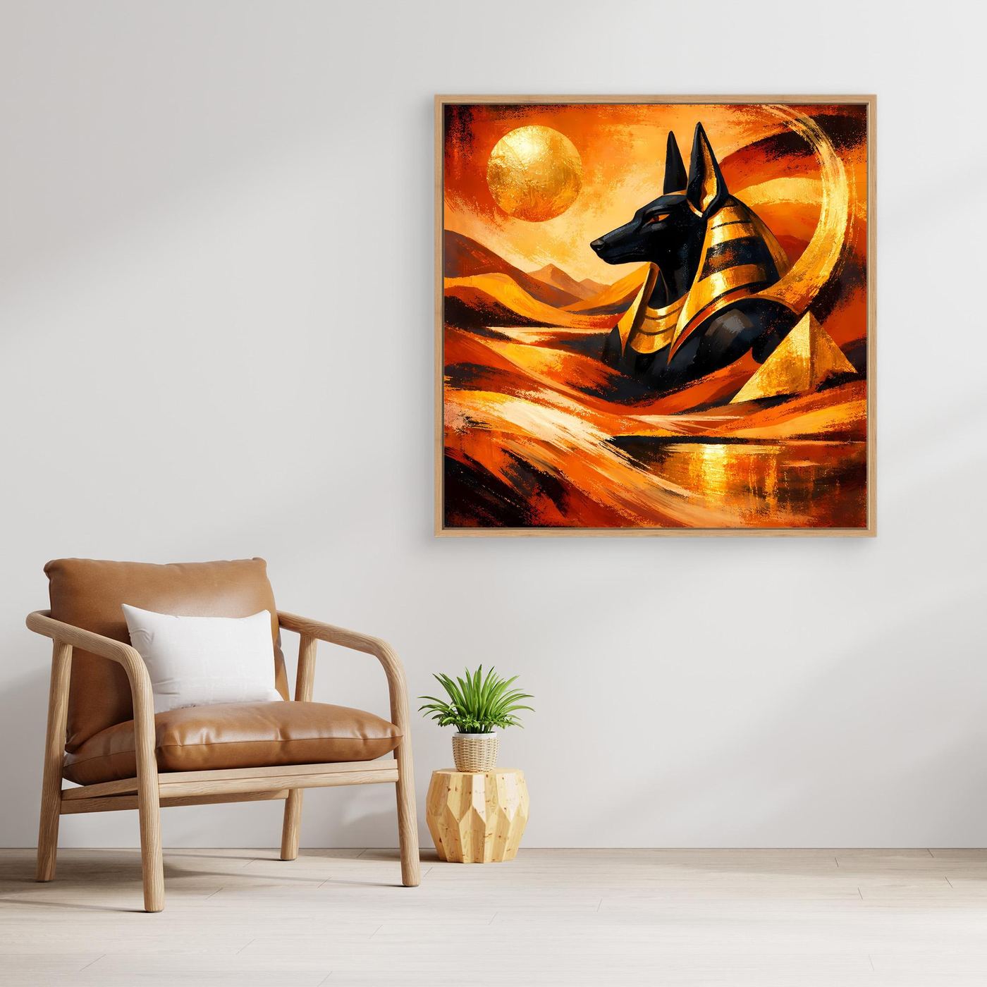 Gerahmtes Leinwandbild: Anubis vor kräftigen Wüstenbändern in Gold, Orange und Schwarz