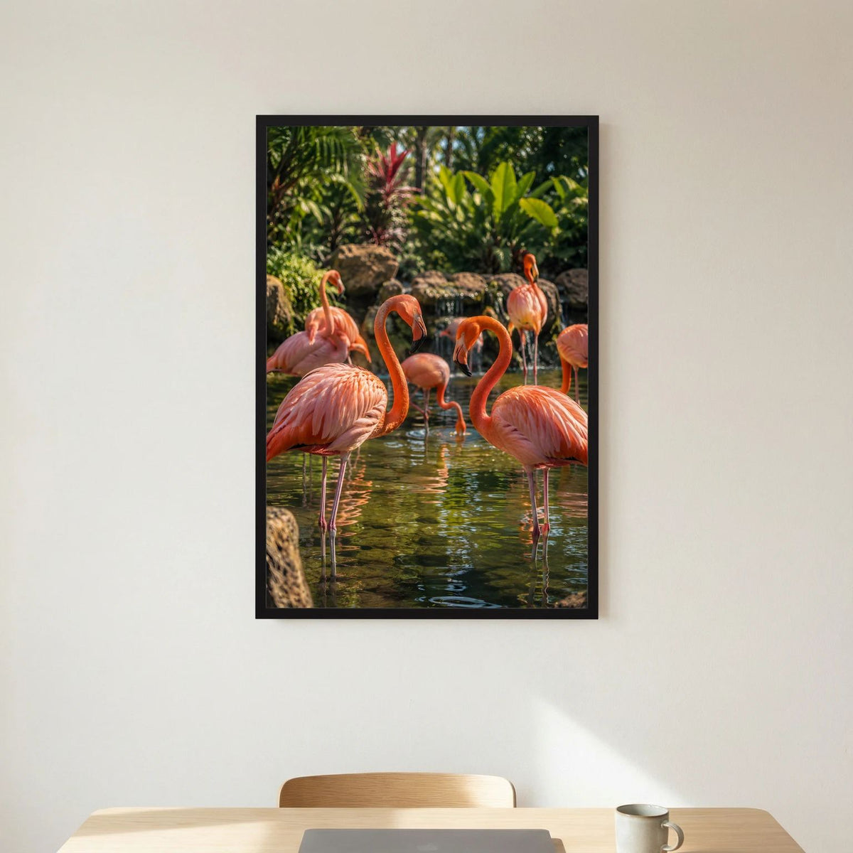 Poster mit Flamingos am Teich, schwarzer Rahmen