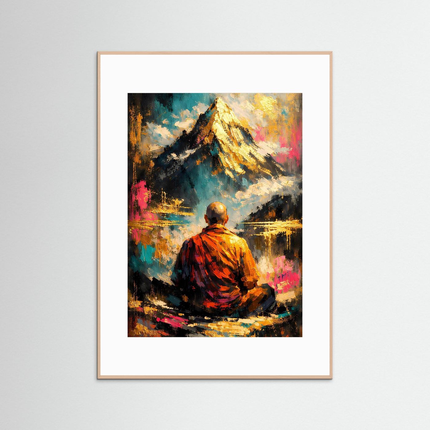 Kunstposter Hochformat mit meditierendem Mönch, bunte Pinselgrafik, weißer Rahmen