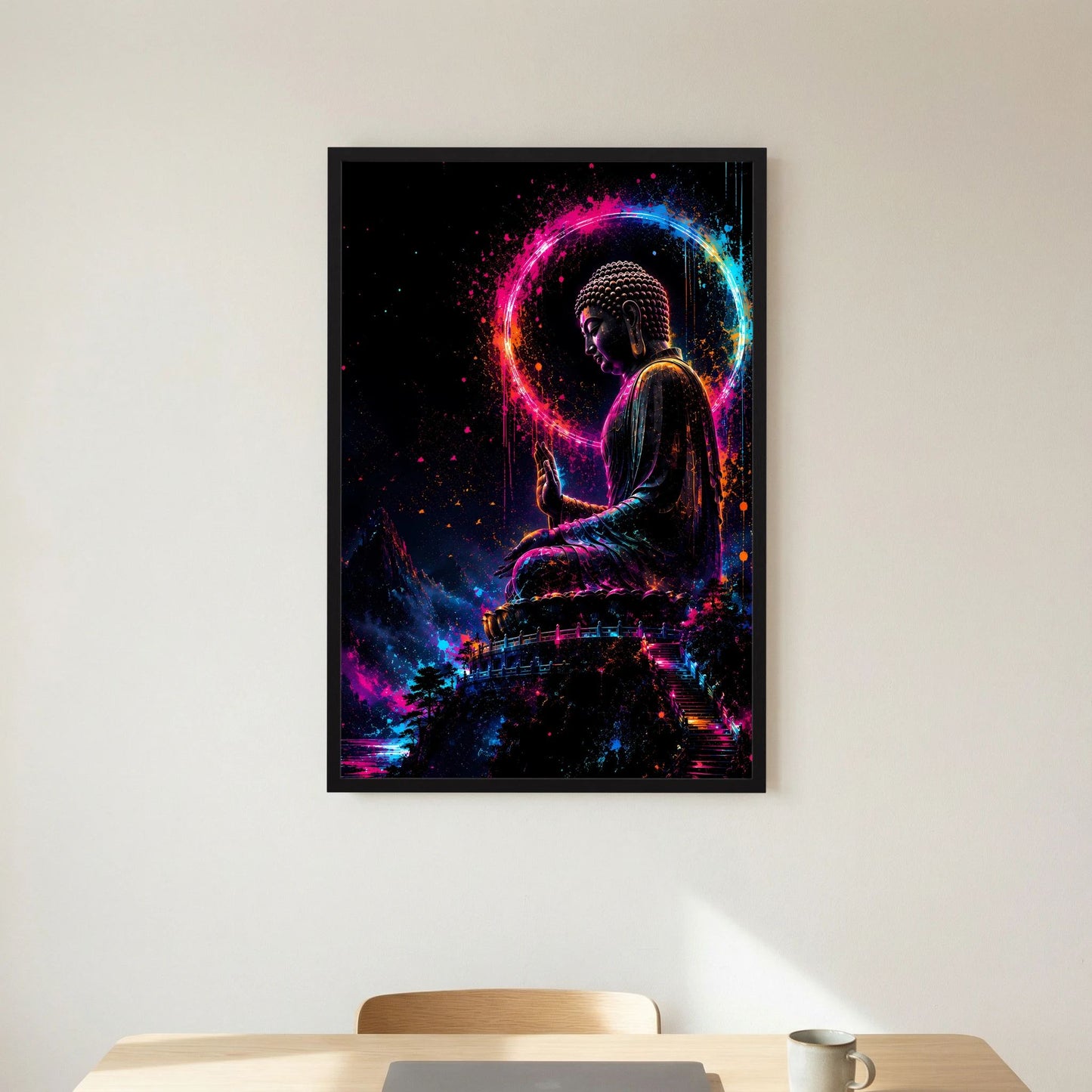 Hochformat Buddha-Kunstposter mit Neonkreis um die sitzende Figur, schwarzer Rahmen