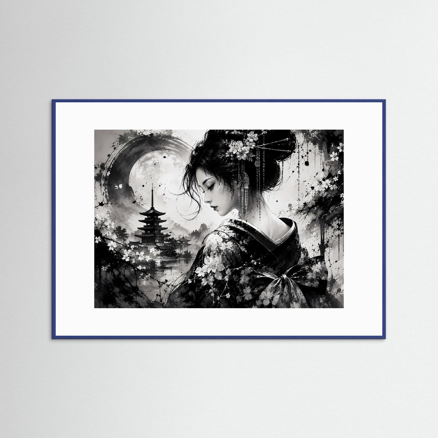 Geisha Poster Schwarz Weiß | Japanische Pagode & Vollmond | Sumi-e Wandbild | Asiatische Zen Kunst | Moderne Japan Wall Art