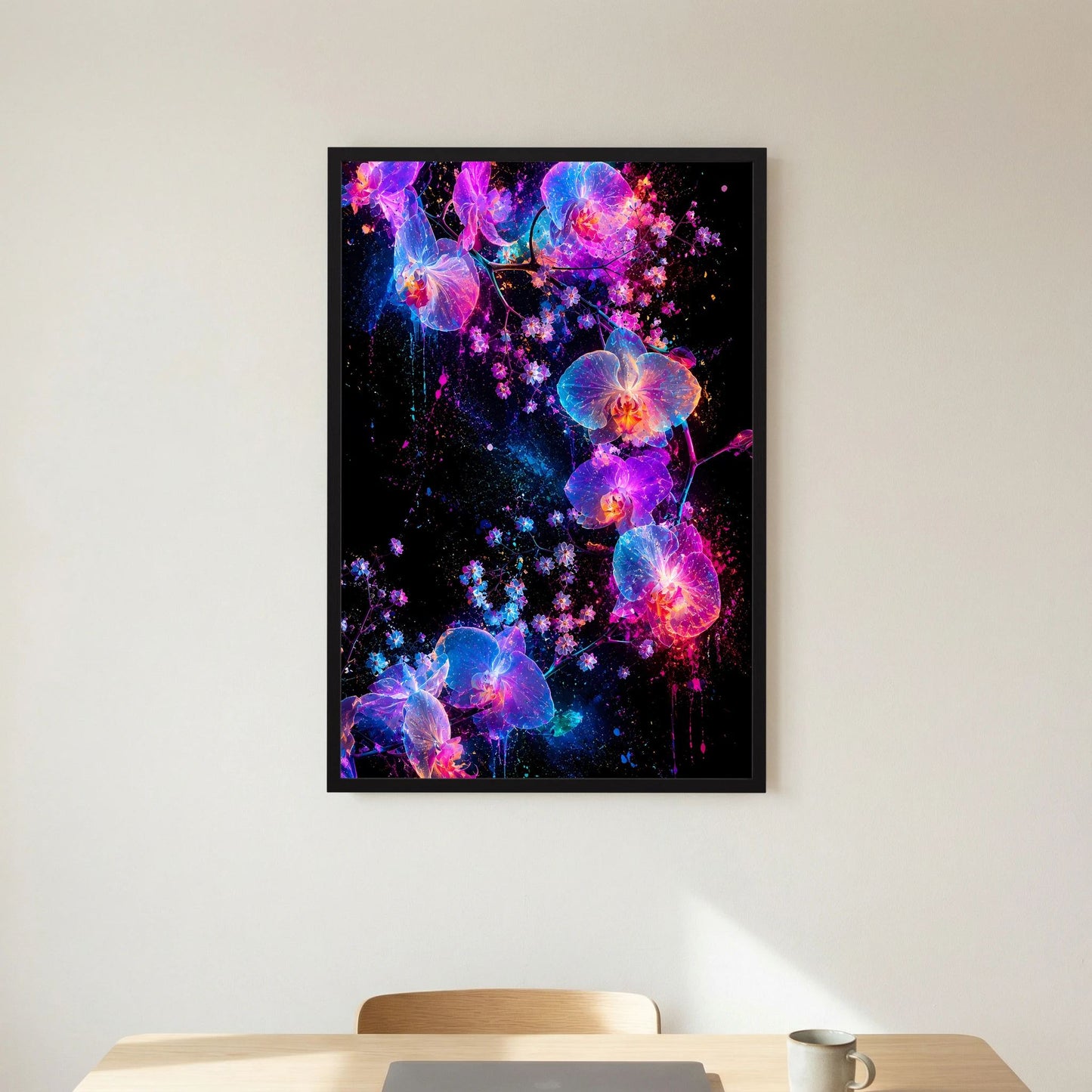Leuchtendes Orchideen-Kunstposter mit schwarzem Rahmen, abstrakte Neonorchideen in Blau/Pink