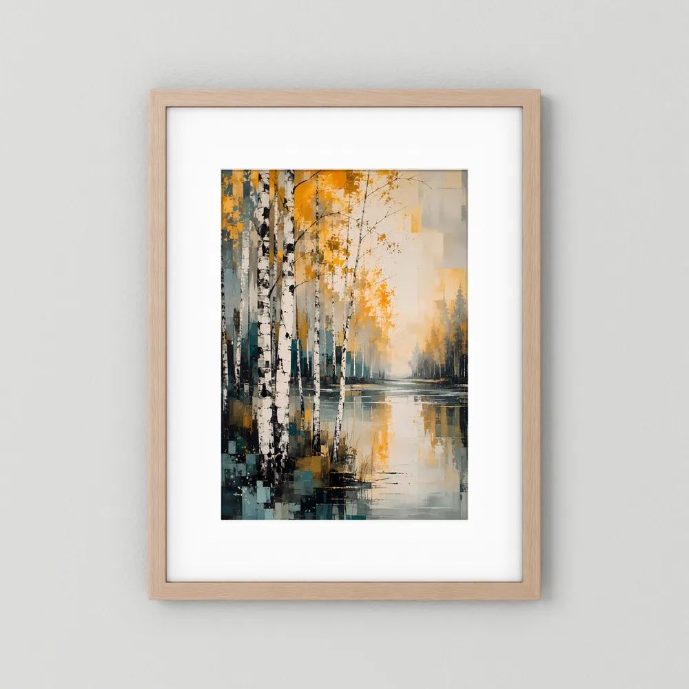 Abstraktes Herbstlandschaft-Poster Gold und Petrol, heller Holzrahmen