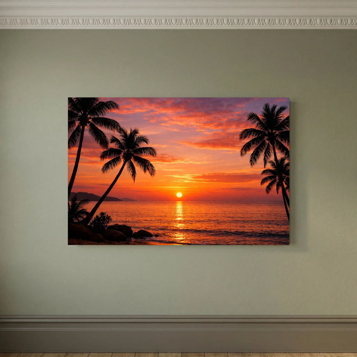 Wandbild mit tropischem Sonnenuntergang, Palmen und orangefarbenem Horizont