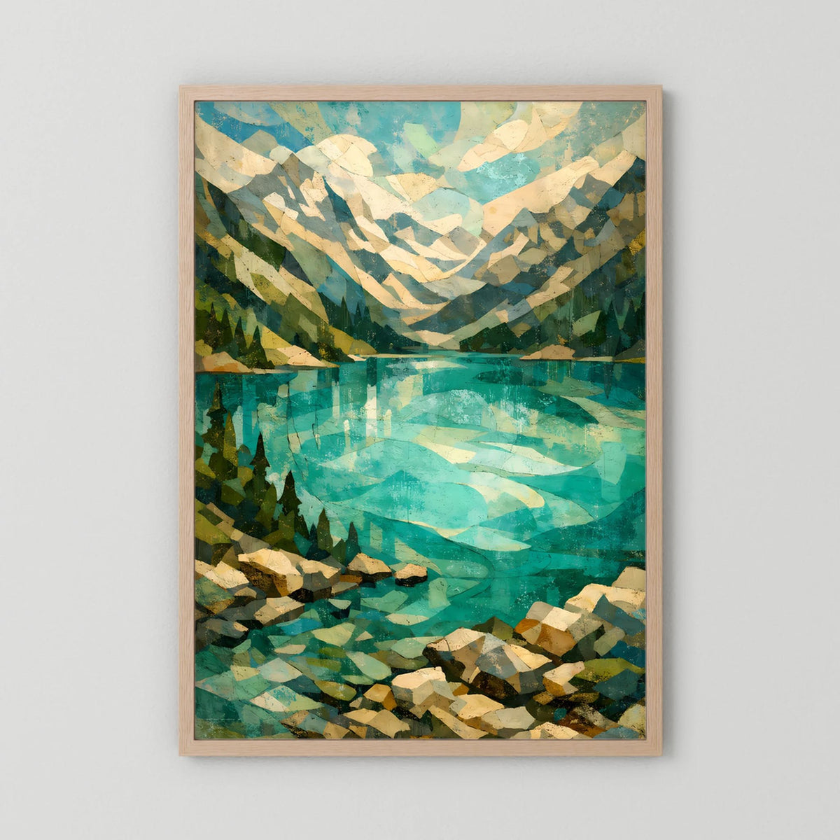 Kunstposter im Hochformat mit abstrakter Alpenlandschaft und türkisfarbener Spiegelung, Eichenrahmen