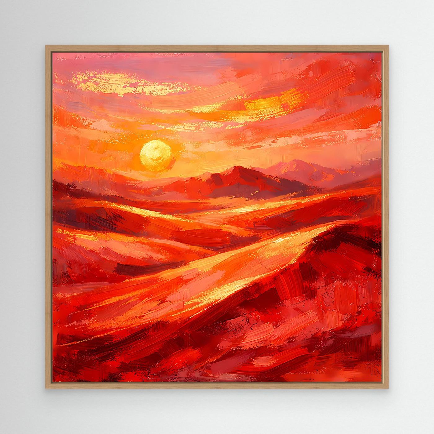 Abstraktes Leinwandbild mit Sonne, rot-orangefarbenen Pinselstrichen, Holzrahmen