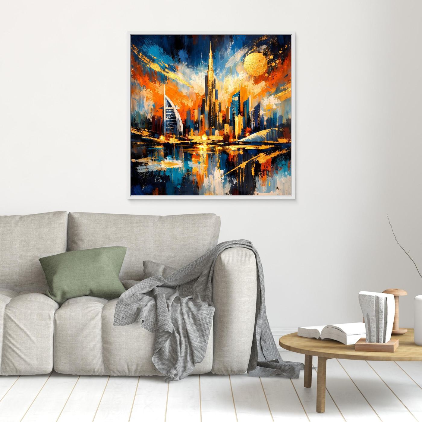 Abstraktes Skyline-Leinwandbild mit gelbem Lichtkreis, goldfarbenen Akzenten, schwarzer Rahmen