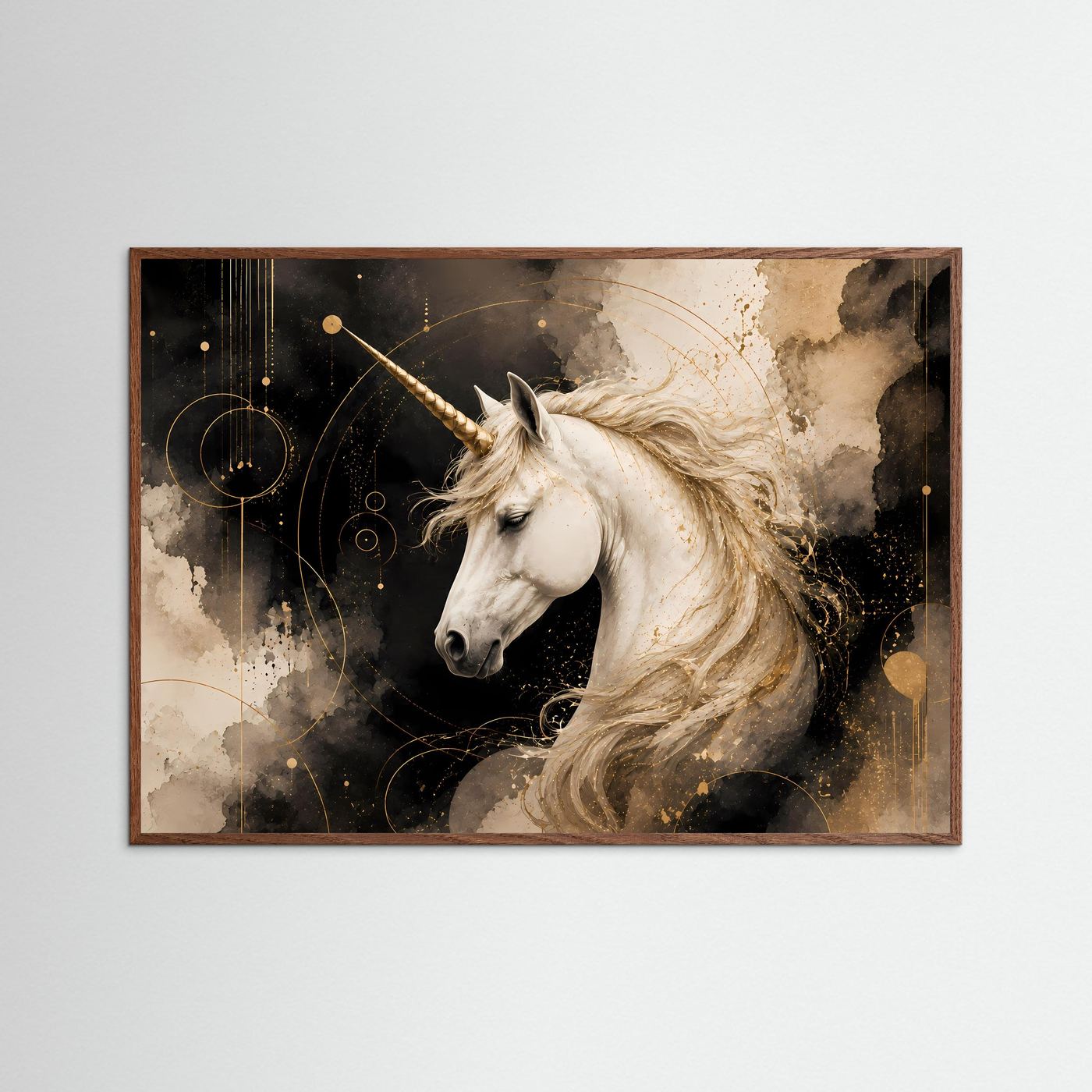 Poster im Querformat mit weißem Einhornkopf und goldener Fantasy-Illustration, dunklem Holzrahmen