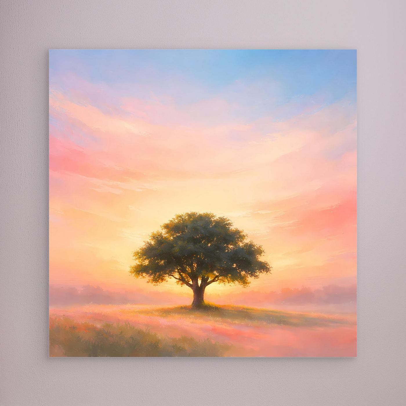 Wandbild ohne Rahmen: einsamer Baum in Pastell-Sonnenaufgangslandschaft