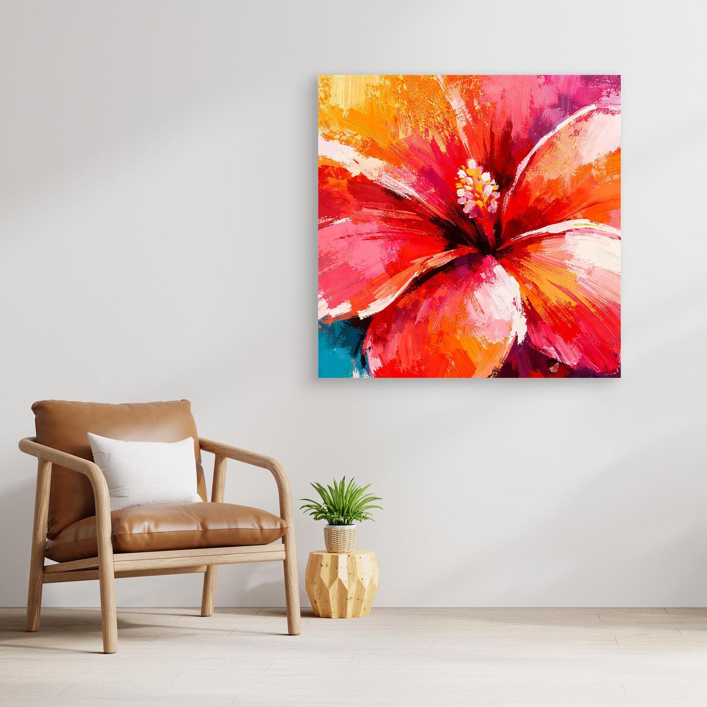 Leinwand Abstraktes Hibiskus Blütenbild | Modernes Tropen Wandbild Rot Pink