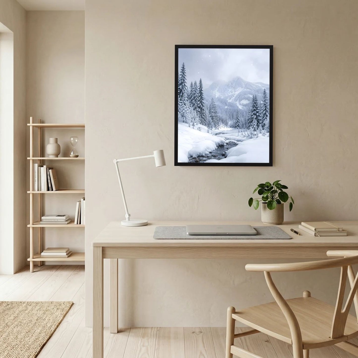 Gerahmtes Poster mit winterlichem Tannenwald und verschneiten Bergen, an Wand