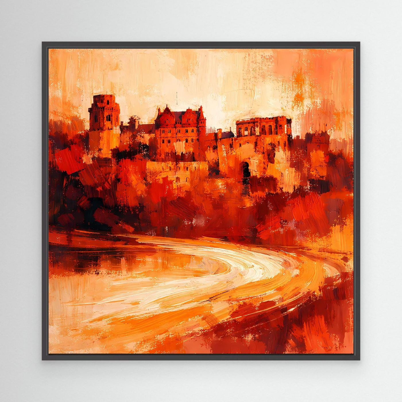 Leinwand Heidelberger Schloss im Abendlicht | Abstraktes Rot‑Ocker Wandbild mit Struktur und Tiefe