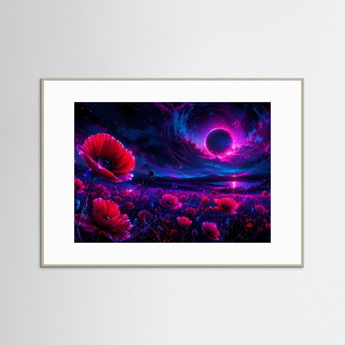 Mohnblumen Poster Querformat | Neon Fantasy Landschaft mit Mond | Abstrakte Moderne Wandkunst