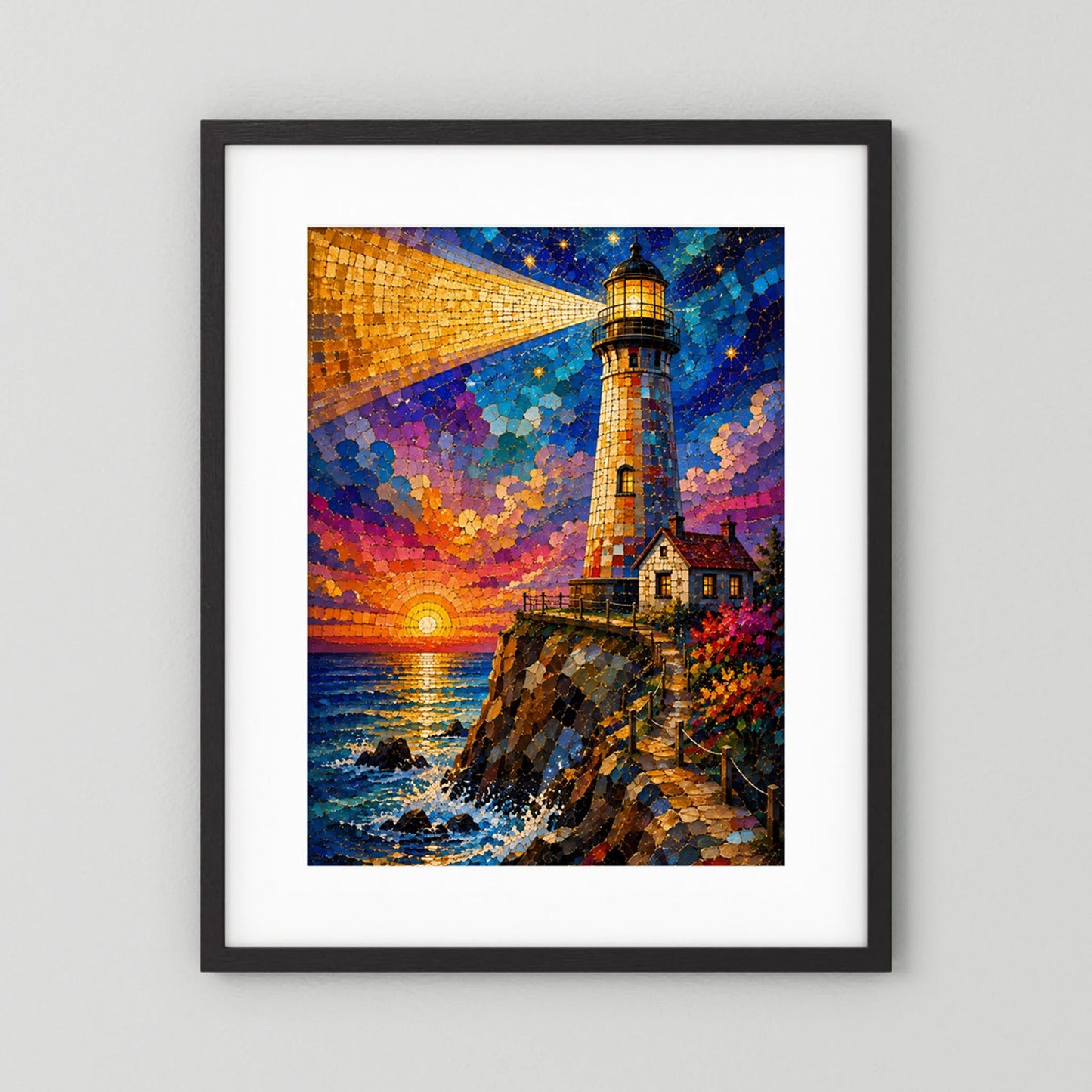 Leuchtturm im Sonnenuntergang | Farbenfrohe Mosaik Küstenkunst | Poster Hochformat