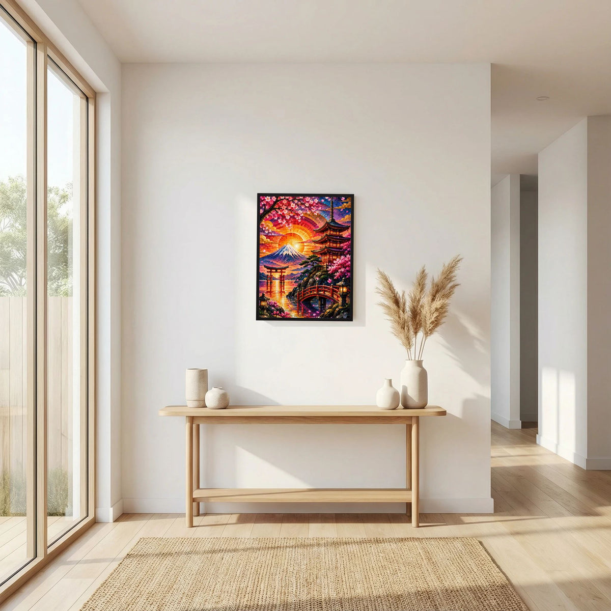 Gerahmtes Poster mit farbenfrohem Mosaikmotiv: Fuji, Sakura und Pagode im Sonnenlicht