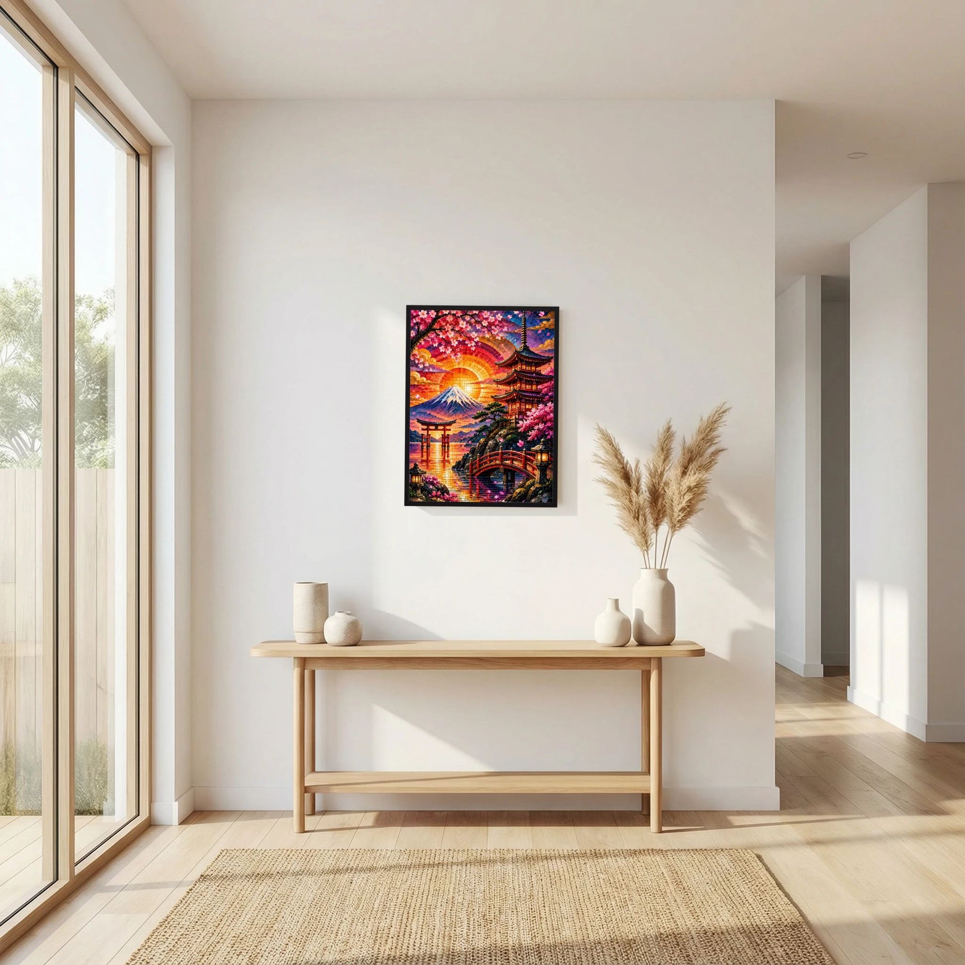 Gerahmtes Poster mit farbenfrohem Mosaikmotiv: Fuji, Sakura und Pagode im Sonnenlicht