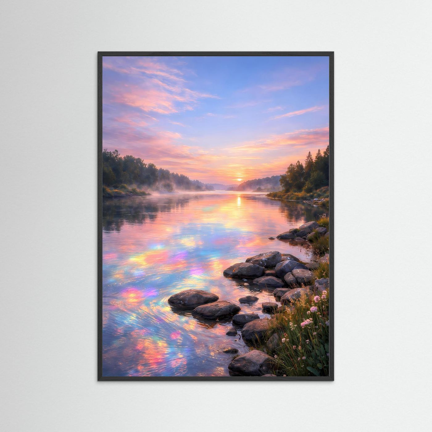 Fluss-Poster im Hochformat mit Regenbogenreflexionen, in schwarzem Rahmen
