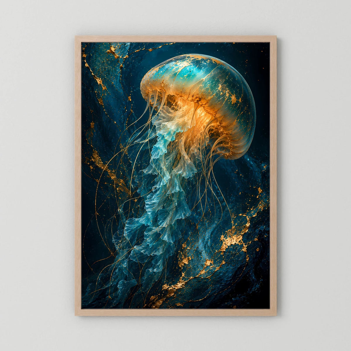 Poster mit leuchtender Qualle in Türkis und Gold, Holzrahmen (naturfarben), Hochformat