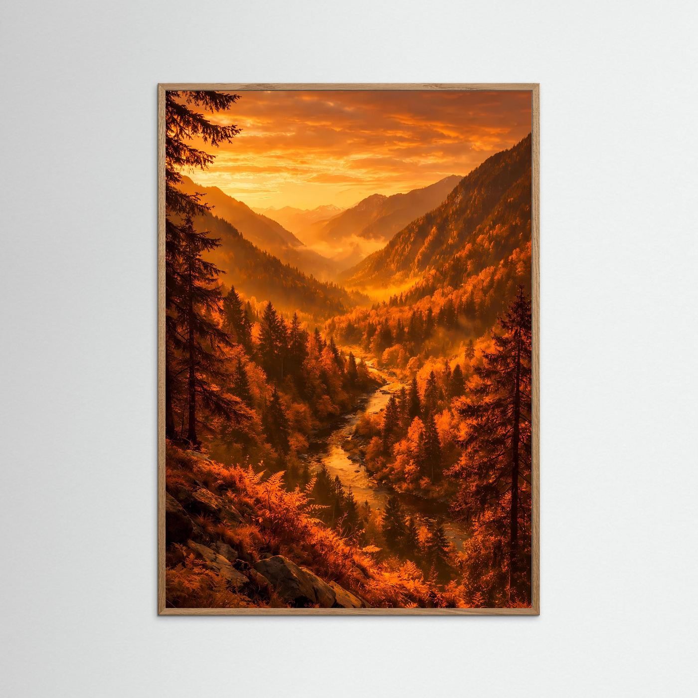 Natur-Kunstposter im Hochformat mit grauem Holzrahmen: Herbstwald, Fluss und Sonnenuntergang