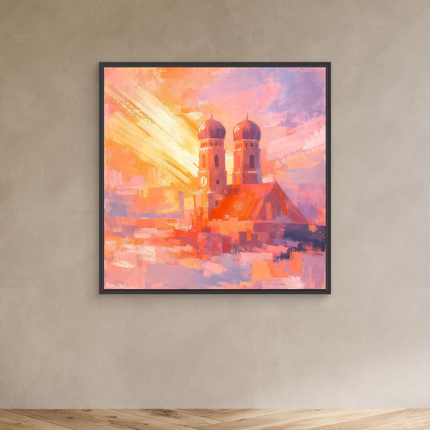 Premium Leinwand Frauenkirche München im Sonnenaufgang | Abstraktes Skyline Wandbild Bayern