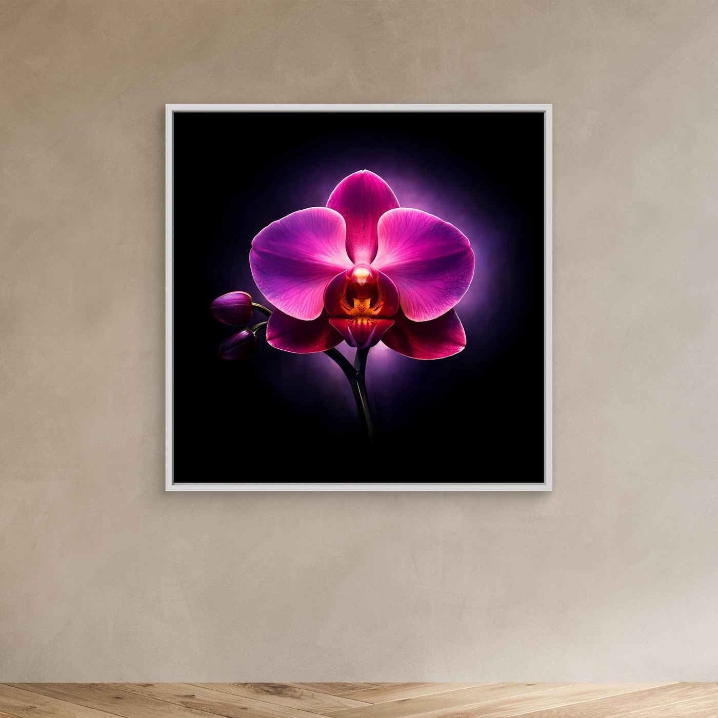 Leinwandbild mit abstrakter Orchidee, pink-lila Blüte, mit weißem Rahmen