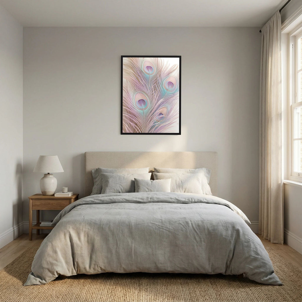 Hochformat-Poster: Pastell-Pfauenfedern in Rosa und Türkis, schwarzer Rahmen