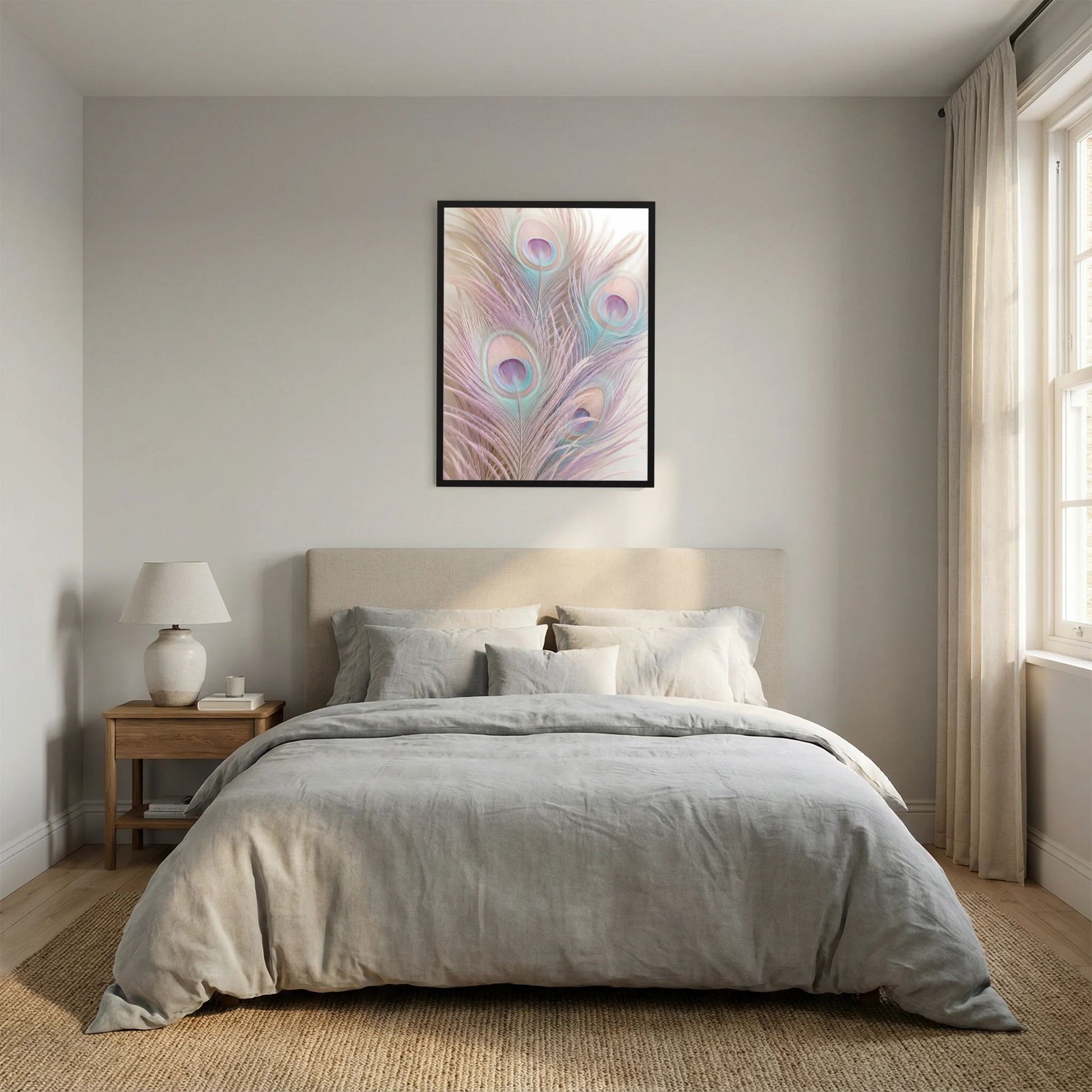 Hochformat-Poster: Pastell-Pfauenfedern in Rosa und Türkis, schwarzer Rahmen
