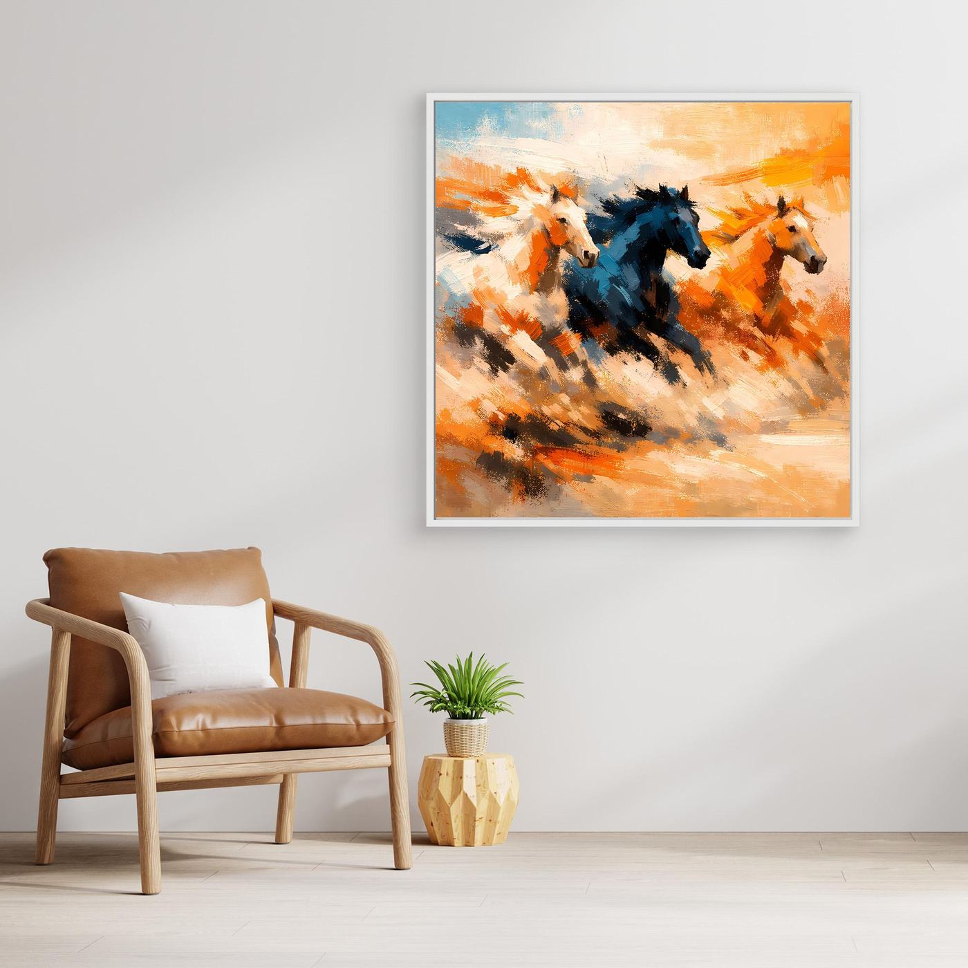 Premium Leinwand Wilde Pferde Galopp | Abstraktes Wandbild Dynamische Ölgemälde Optik