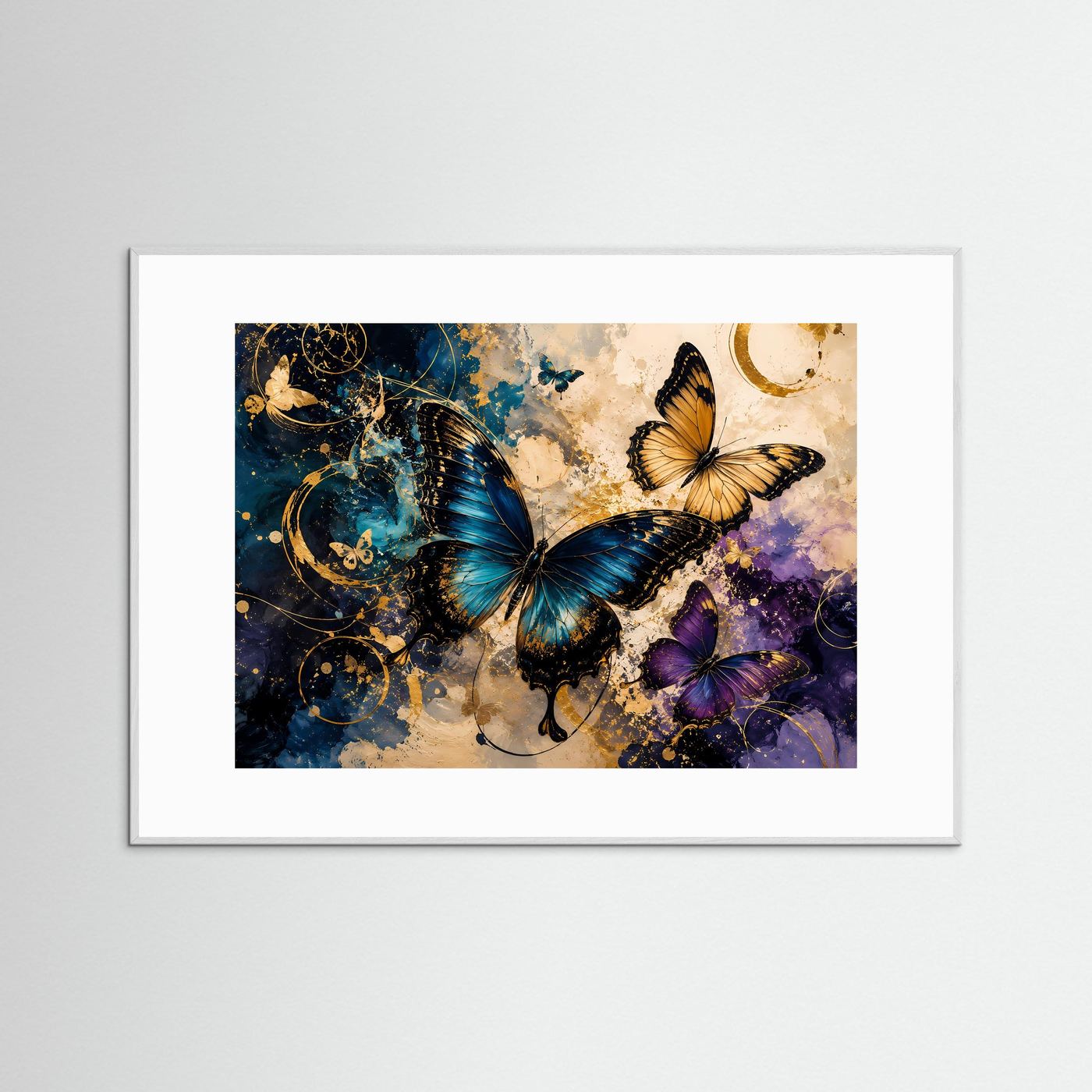 Wandbild mit Schmetterlingen in Blau, Gold und Violett, weißer Rahmen