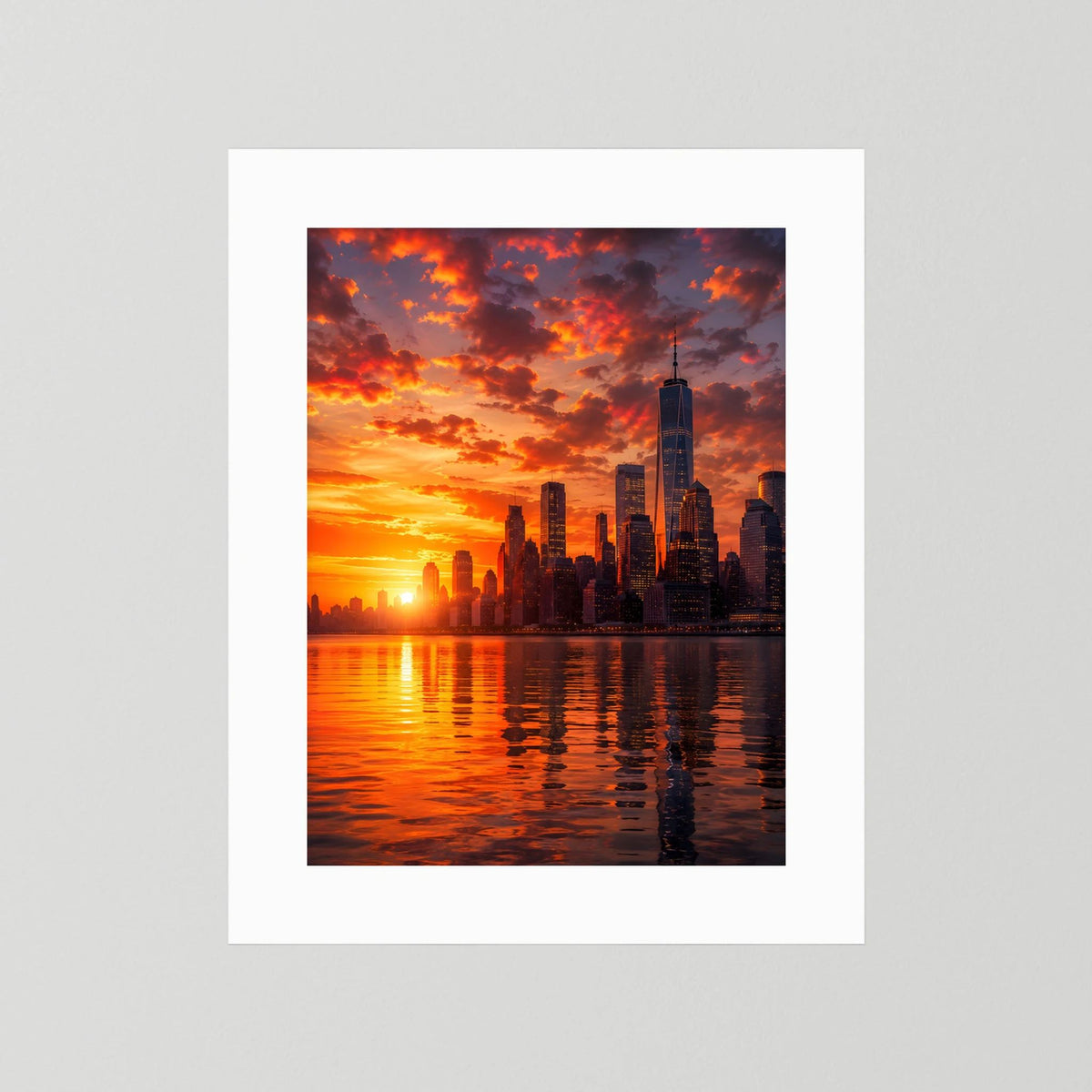 Stadtposter mit weißem Rand und Skyline bei Sonnenuntergang, Reflexe im Wasser
