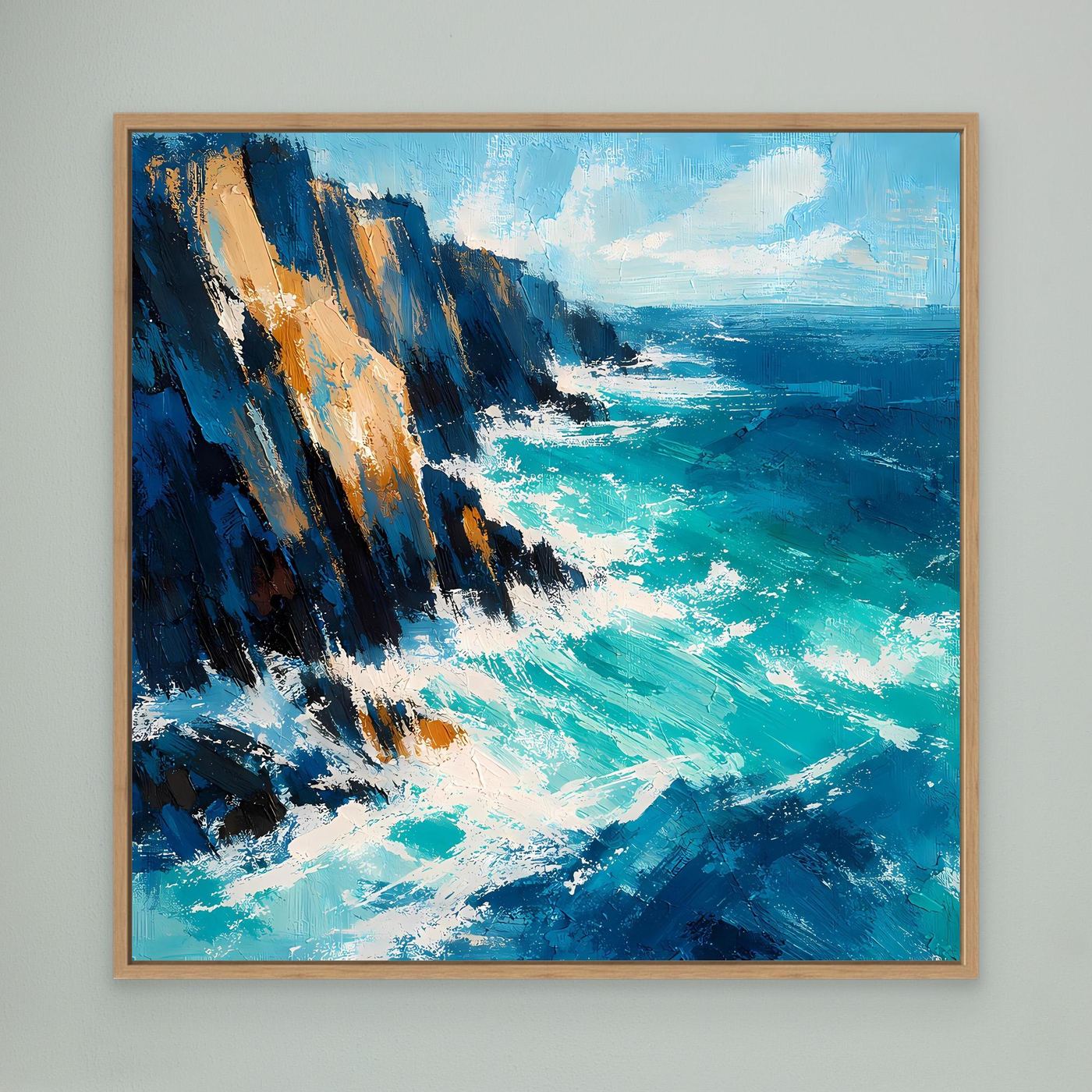Leinwand-Wandbild mit abstrakter Meeresküste im Eichenrahmen, türkis und blau im Fokus