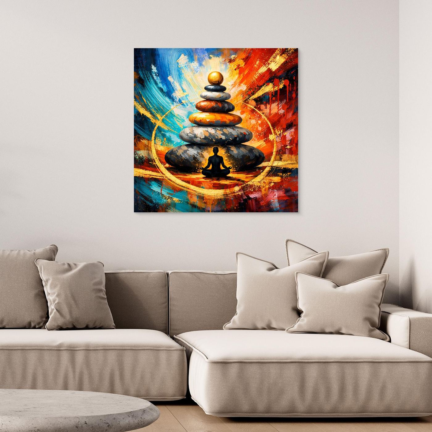 Gerahmtes Leinwandbild mit buntem Steinstapel und Meditationssilhouette, abstrakter Hintergrund