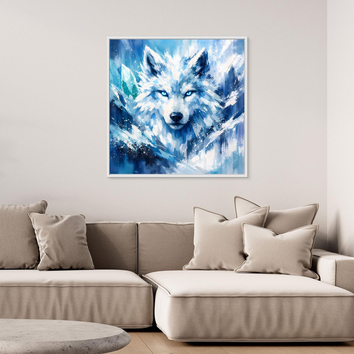 Wandbild mit abstraktem Eiswolf in Blau und Weiß, weißer Rahmen