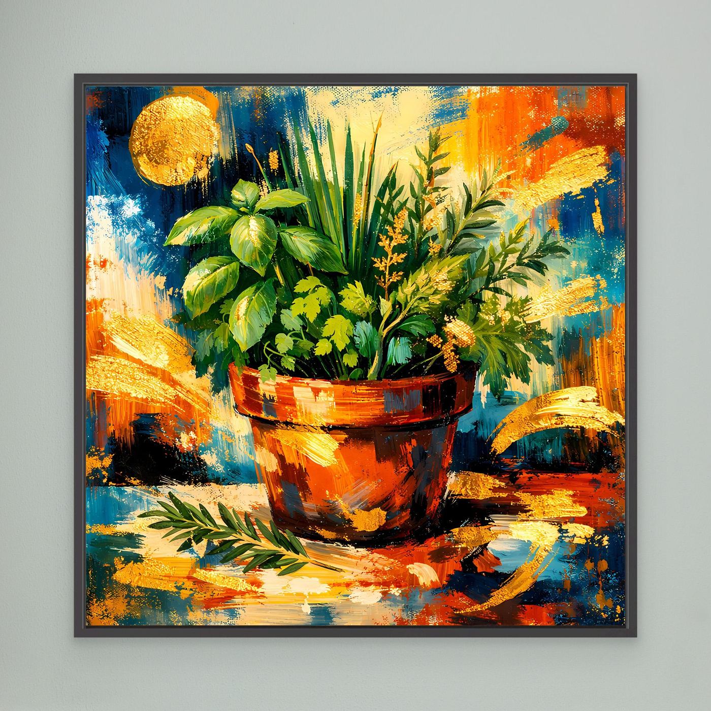 Leinwandbild mit Kräutertopf im Kunststil, bunte Pinselstriche, schwarzer Rahmen