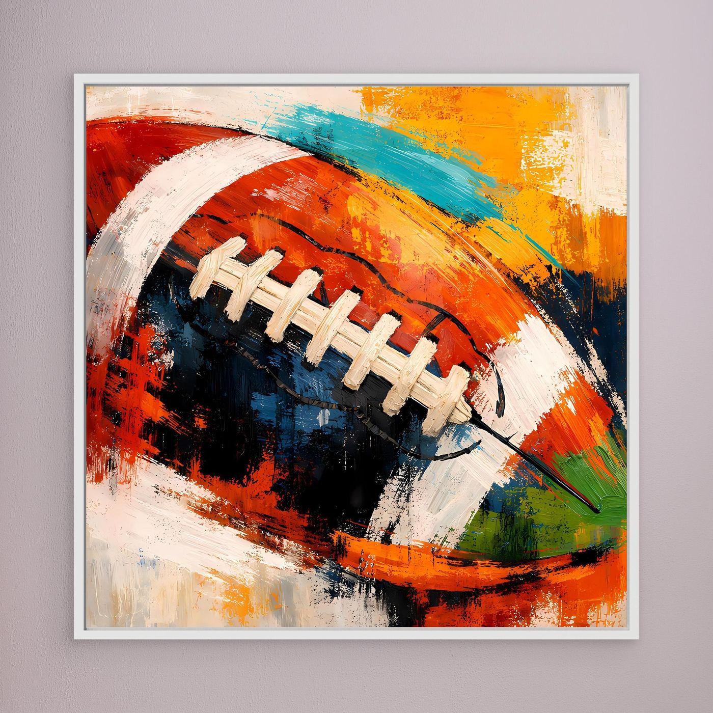 Leinwandbild mit abstraktem American-Football-Motiv, weißer Rahmen