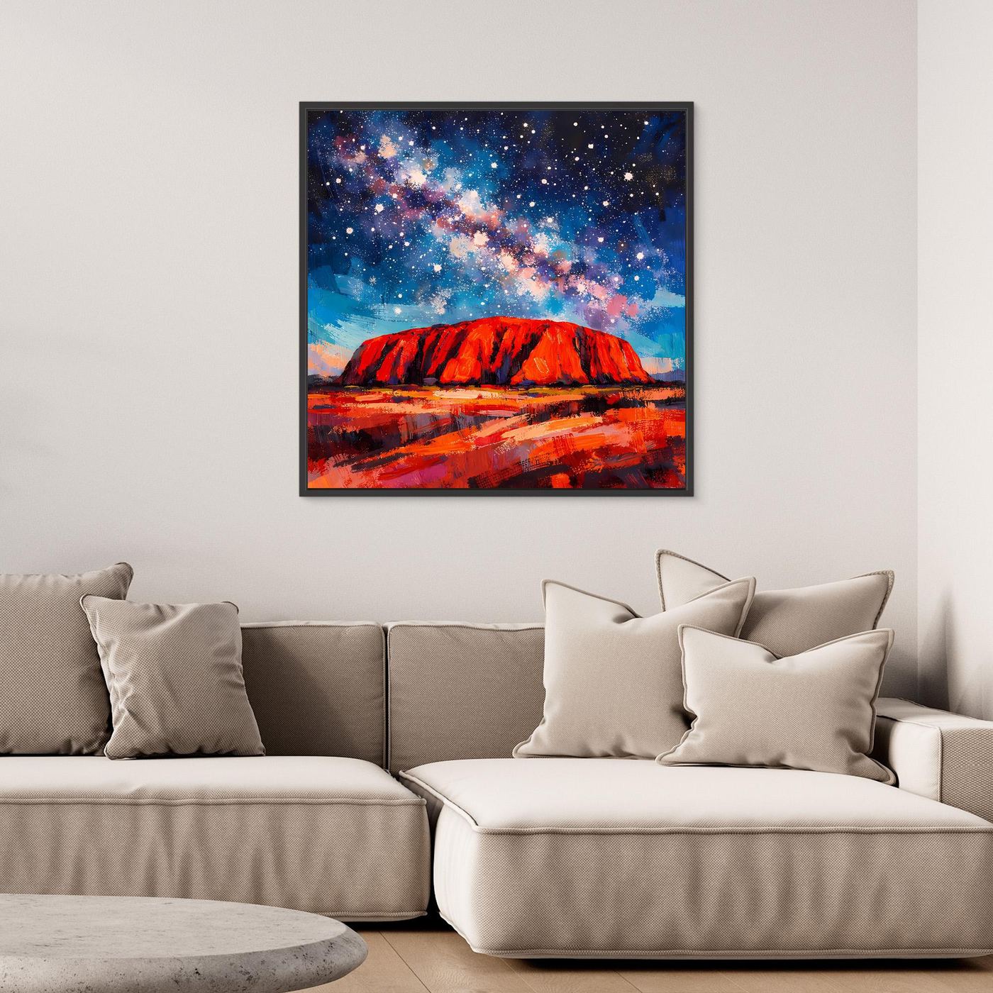 Abstraktes Leinwand-Wandbild: blaue Nacht mit Sternen, Milchstraße, roter Outback-Felsen