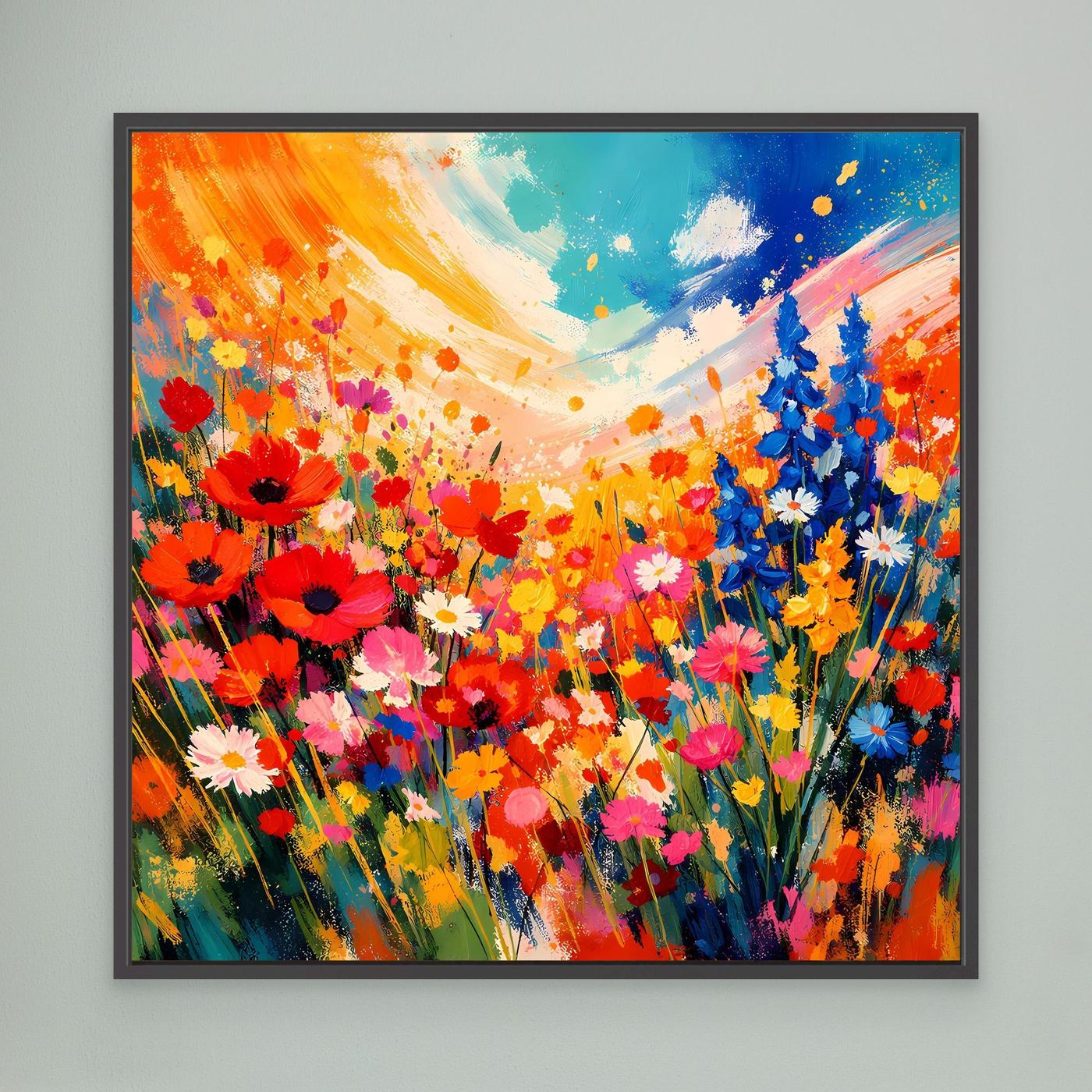 Leinwandbild mit farbenfrohem Blumenwiesen-Motiv, schwarzer Rahmen, abstrakte Blüten