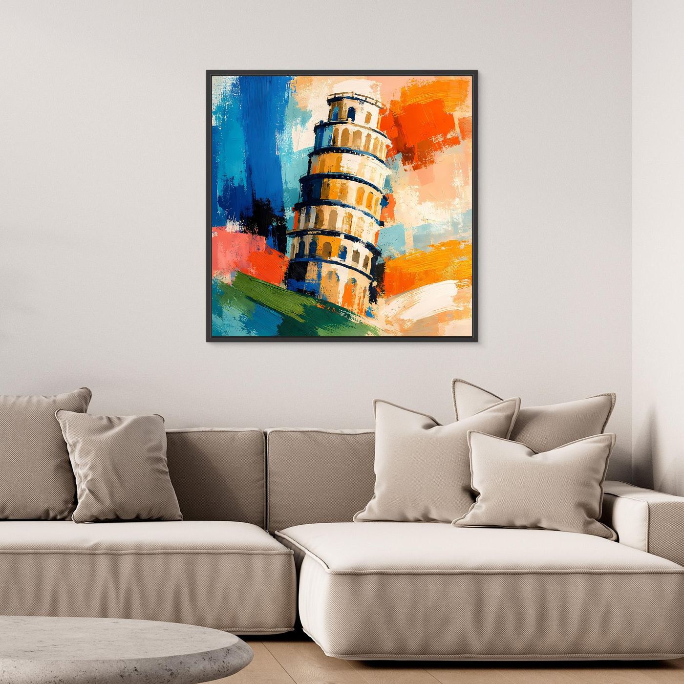 Abstract lighthouse canvas wall art with blue, orange and green brushstrokes, dark frame