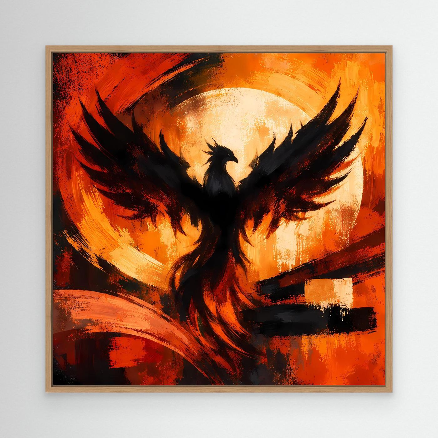 Leinwandbild mit Phönixmotiv im Holzrahmen: schwarzer Vogel vor Rot-Orange